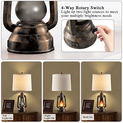 Farmhouse Lantern Table Lamps for Living Room Set of 2 with USB C+A | Vintage Bedroom Resin Lamp, Rustic Retro Bedside Nightstand Desk Lamp, 4 Bulb Included - color: 25'' Bronze Lantern Lamps