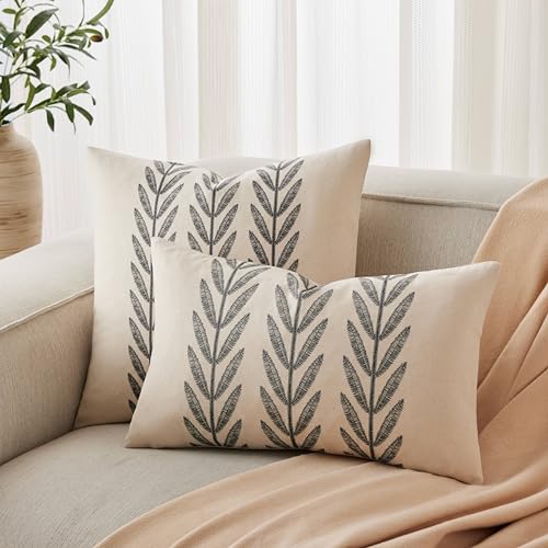 100% Cotton Farmhouse Leaves Throw Pillow Covers Set of 2, 16x16 Inch Black Pastoral Decorative Print Cushion Covers for Sofa Bed Living Room Home Decor - color: Black, size: 16" x 16" (Pack of 2)