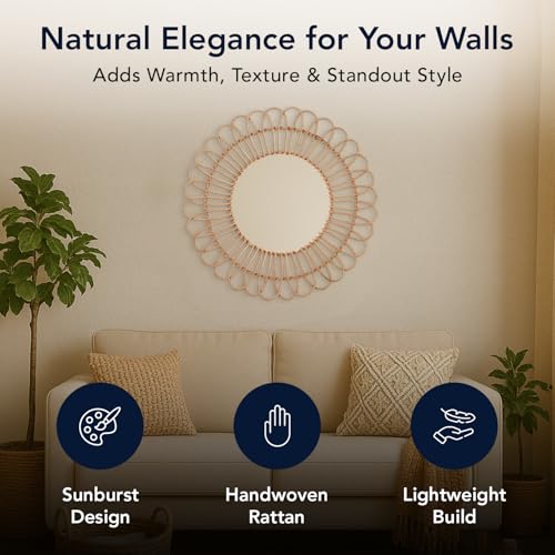 American Art Decor Round Decorative Wall Mirror - Boho Woven Rattan Mirror - Small Hanging Accent Mirror for Living Room, Bedroom, Kitchen, Bathroom, Entryway & More (25")