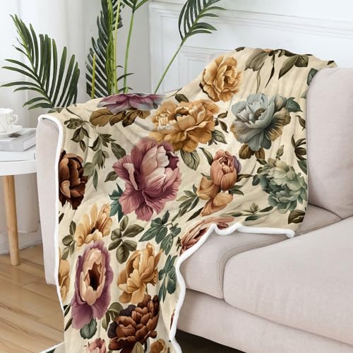 Boho Floral Blankets Vintage Floral Fleece Blanket | Soft, Flannel, Warm, Red Flower Plants Bed Throws Botanical Flowers Bed Throws for Sofa Bedroom Living Room 50X60 Inch - color: Red, size: 50 X 60