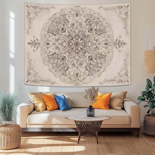 Wegklazax Vintage Floral Mandala Tapestry, Intricate Botanical Wall Art for Room Decor, Elegant Sketch Aesthetic Home Decor 60" L x 44" W - color: Ivory, size: 60"L x 44"W