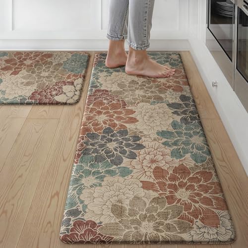 GENIMO Kitchen Mats for Floor, Kitchen Rugs Non Slip Washable Sets of 2, Waterproof Cushioned Anti Fatigue Mat, Floral Runner Rug for Laundry, Sink, Office, Home, 17.3"x47"+17.3"x30", Red - color: Red, size: 17.3"x47"+17.3"x30"