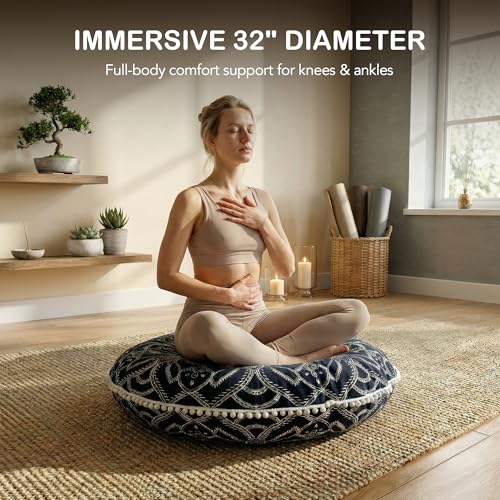 Codi Meditation Cushion for Adults Set of 2-32" Large Floor Pillow with Supportive Shredded Memory Foam - Round Zabuton with Washable Cover, Bohemian Mandala Seating for Yoga and Mindfulness, Black - color: Black, size: 2 Count (Pack of 1)