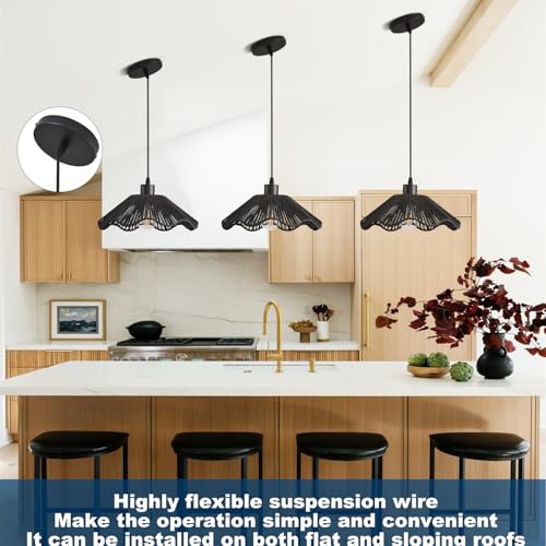 3 Pack Black Woven Pendant Light Fixtures,11.81" Rattan Pendant Lights Farmhouse Basket Light Fixture Adjustable Boho Hanging Lamp for Kitchen Island Bedroom Dining Room Foyer Hallway - color: flower+black