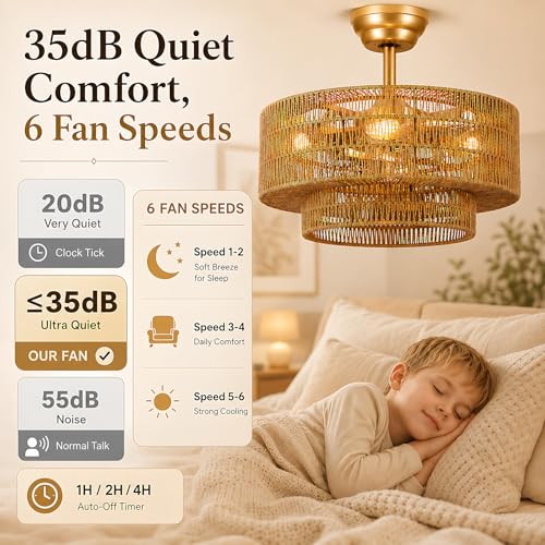 Boho Ceiling Fan with Light: 4-Lights Hand Woven Rattan Chandelier with DC Reversible,6 Speeds, 3CCT - Farmhouse Caged Ceiling Fan for Bedroom,Living Room,Kitchen,Nursery,Island