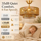 Boho Ceiling Fan with Light: 4-Lights Hand Woven Rattan Chandelier with DC Reversible,6 Speeds, 3CCT - Farmhouse Caged Ceiling Fan for Bedroom,Living Room,Kitchen,Nursery,Island