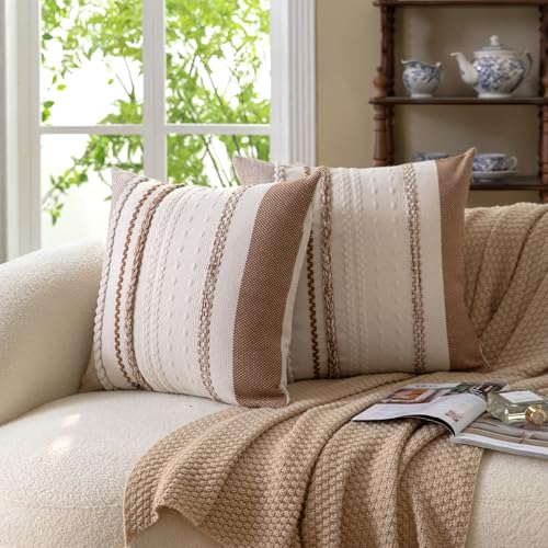 Cethom Boho Throw Pillow Covers 18x18 Inch Set of 2, Brown Textured Decorative Couch Pillow Cases for Farmhouse Home Decor, Accent Cushion Cover for Sofa, Bed, Living Room, Bedroom - color: Brown, size: 18" x 18" (Pack of 2)
