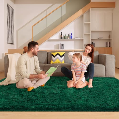 6x9 Dark Green Rugs for Living Room Bedroom, Fluffy Large Area Rug Soft Shag Non-Slip Carpet for Kids Boys and Girls Room Dorm Home Decor (6ft x 9ft) - color: Dark Green, size: 6' x 9' (Rectangular)
