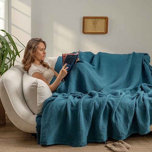 Muslin Blanket - Pure 100% Turkish Cotton Airy Soft Light Versatile Gauze Throw Blanket for Bed, Couch, Sofa (Petrol Blue, Throw Size (50" x 66" inch)) - color: Petrol Blue, size: Throw Size ( 50" x 66" inch )