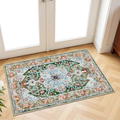 U'Artlines 2 x 3 ft Hallway Runner Rug, Non Slip Washable Vintage Farmhouse Kitchen Rug Accent Area Carpet for Entryway Laundry and Living Room (Green) - color: Green, size: 2 x 3 ft (Runner)