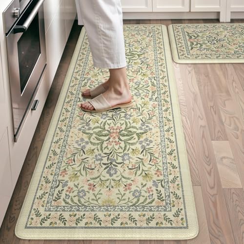 Collive Kitchen Mats for Floor 2PCS, Cushioned Anti Fatigue Rugs Non Slip Waterproof Kitchen Sink Mat, Floral Comfort Standing Mat for Bar, Office, Desk, Home Decor, Beige 20" x 47" + 20" x 32" - color: Beige, size: 20"x32"+20"x47"