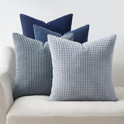 Topfinel 4 Packs Blue Decorative Throw Pillow Covers 16x16 Inch for Living Room Couch Bed Sofa, Boho Western Farmhouse Home Decor, Square Soft Moss Corduroy Fall Cushion Case 40x40 cm - color: Blue, size: 16" x 16" (Pack of 4)