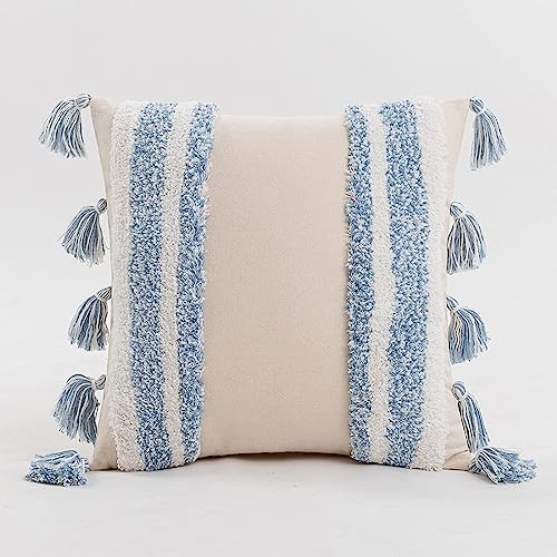 Boho Tufted Throw Pillow with Tassels, Country Thick Striped Style Soft Cushion Cover Decor wuth Zipper for Chair Bed Couch Living Room (Light Blue,18" x 18") - color: Light Blue, size: 18 x 18-Inch
