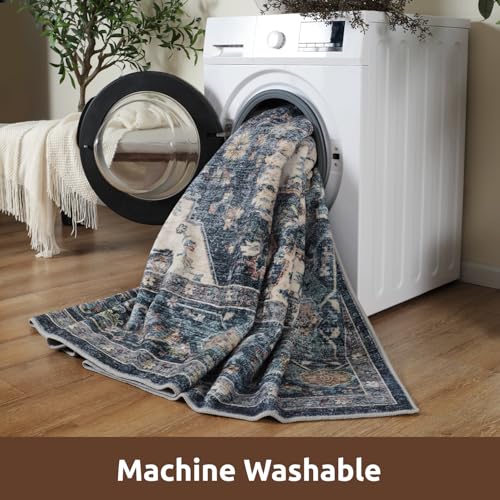 AMOAMI-Area Rug 5X7 Rugs for Living Room-Vintage Soft Blue Rugs for Bedroom-Non Slip Carpet-Machine Washable Rug for Dining Room Living Room Bedroom Office Under Table - color: Blue, size: 5' X 7' (Rectangular)