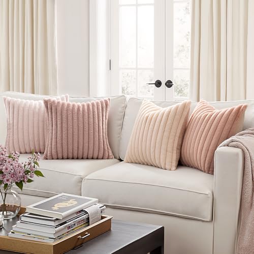 MIULEE Faux Fur Plush Decorative Throw Pillow Covers 18x18 Set of 4, Valentine's Day Cute Modern Soft Romantic Fuzzy Striped Cushion Covers for Sofa Couch Bed Living Room Cozy Home Decor,Pink - color: Pink, size: 18" x 18" (Pack of 4)