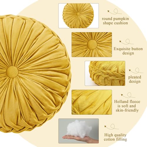 Drydiet 1 Pcs Round Throw Velvet Pillows Decorative Pleated Throw Pillows Diameter Accent Pumpkin Boho Chair Cushion for Couch Sofa Home Decoration (Golden Mustard,15'') - color: Golden Mustard, size: 15''