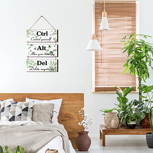 Qunclay 3 Pcs Office Wall Decor Green Leaves Wood Rustic Hanging Cubicle Decor Summer Inspirational Ctrl Alt Del Sign Decoration for Bathroom Indoor Home Living Room - color: Green, style: Leaves
