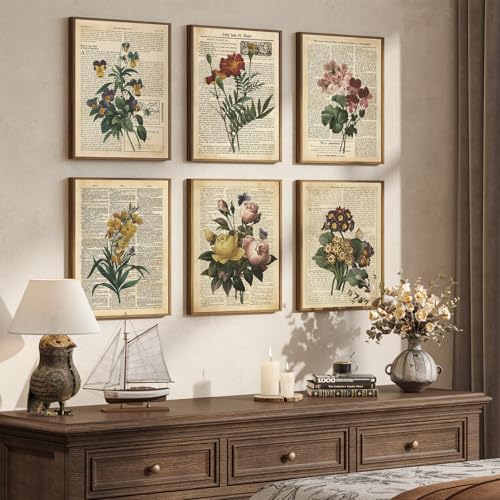 Framed Vintage Floral Wall Art, Set of 6 Colorful Flower Canvas Prints, Rustic Farmhouse Botanical Artwork for Bedroom Living Room Kitchen Dining Room Hallway Office Apartment Home Decor, 11x14 Inch - color: Retro Floral - Walnut Framed, size: 11" W x 14"