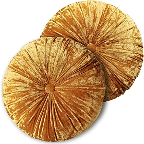 Verpert Pack 2：Round Floor Cushions Pillow, Solid Color Velvet Meditation Cushion Pumpkin Pleated Meditation Pillow for Home Sofa Bed Car Decor Floor Pillow Cushion Gold - color: Gold