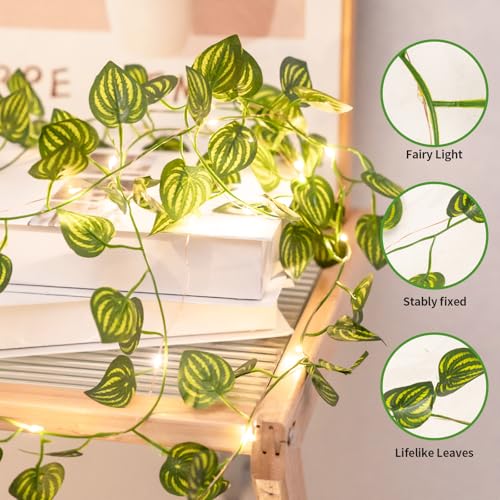 33Ft 100 LED Fake Plants Vines,Artificial Watermelon leaf Ivy Garland with Fairy Lights,for Home Living Bedroom Wall Art Aesthetic Office Coffee Room Wedding Party Farmhouse Dorm Outdoor Garden Decor - color: Watermelon String Lights