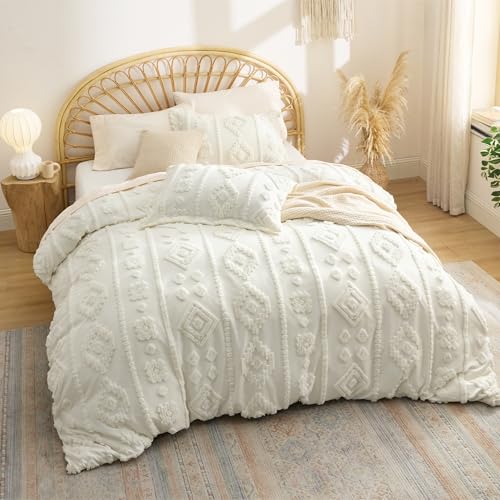 Bedsure Boho Tufted White Comforter Set Queen Size, GentleSoft™ 3 Pieces Boho Farmhouse-Style Decor Bedding, Exquisite Bedding for All Seasons, 1 Bed Comforter, 2 Pillow Shams, 90x90 Inches - color: 03 - Distressed Vintage White, size: Queen (90" x 90")