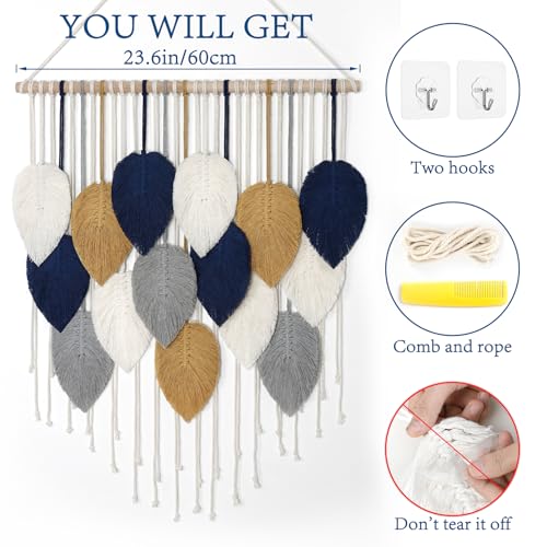 Alynsehom Macrame Wall Hanging, Boho Handmade Woven Leaf Tapestry, Chic Wall Art Decor for Bedroom Living room Nursery Apartment Ornament (23.6" W x 29.5" L) - color: Dark Blue-23.6"W x 29.5"L