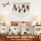 WOODSTICK Large Macrame Wall Hanging 39"W x 29.5"L - Boho Wall Decor in Beige, Old Pink & Green - Chic Woven Leaf Leaves Boho Tapestry, Handmade Cotton Fiber Art, Macrame Wall Décor, Bedroom Tapestry - size: 39"L x 29.5"W