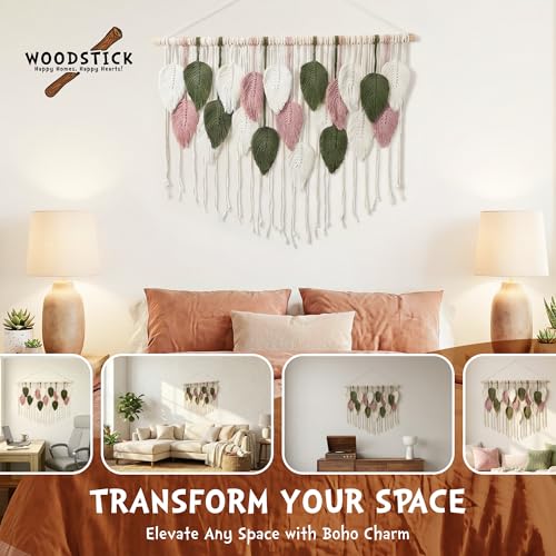 WOODSTICK Large Macrame Wall Hanging 39"W x 29.5"L - Boho Wall Decor in Beige, Old Pink & Green - Chic Woven Leaf Leaves Boho Tapestry, Handmade Cotton Fiber Art, Macrame Wall Décor, Bedroom Tapestry - size: 39"L x 29.5"W