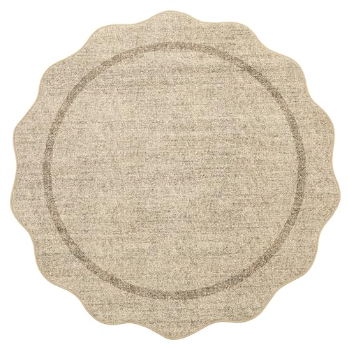 GarveeHome Scalloped Washable Round Rugs, Non-Slip Soft Round Rug 4ft Ultra-Thin, Small Boho Circle Stain Resistant Low Pile Carpet for Entryway Kitchen Bedroom Nursery Bathroom, Jute - color: Jute, size: 4' (Round)