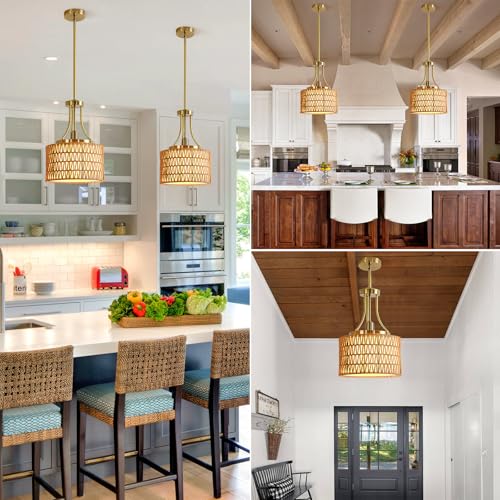 11.8" Modern Boho Rattan Gold Pendant Light Adjustable Rod Vintage Farmhouse Drum Fabric Pendant Light Fixture Woven Bamboo Wicker Pendant Lights for Kitchen Island, Dining Room, Bedroom - color: Gold-D 1-Light