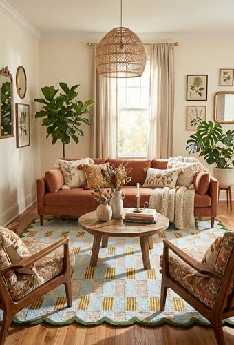Hand Tufted Wool Rug with Scalloped Edges, Light Blue Plaid Pattern, Soft Area Rug for Living Room, Bedroom, and Nursery, Handmade Modern Accent Rug, Meadow Sky, 8'x10' - size: 8' x 10' (Rectangular)