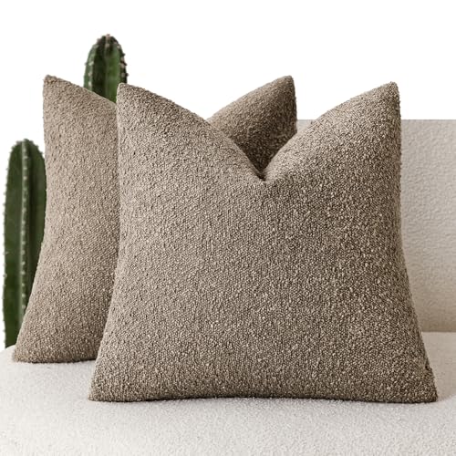Foindtower Pack of 2 Textured Boucle Throw Pillow Covers Accent Solid Decorative Pillow Cases Cozy Woven Couch Cushion Case for Chair Sofa Bedroom Living Room Home Decor 20x20 Inch Light Brown - color: Brown, size: 20" x 20" (Pack of 2)