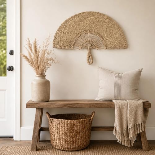 LOGOFUN Handmade Straw Woven Semicircle Fan Wall Art Decor | For Rustic Farmhouse Decoration, Boho Wedding Hanging Ornament