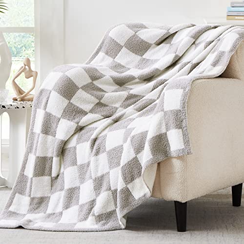 WRENSONGE Checkered Throw Blanket, Light Grey Soft Cozy Fluffy Warm Hand Made Throw Blankets for Couch, Sofa, Chair, Bed, Camping, Picnic, Travel Lightweight Bed Blanket - 50"*70" - color: Aspen Grey, size: Throw-XL(50"x 70")
