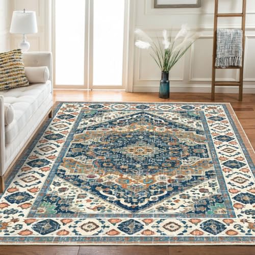 Boho Vintage Collection Tribal Area Rugs,Bohemia Distressed Medallion Farmhouse Indoor Floor Carpet Non-Slip Low Pile Washable Oriental Throw Accent Rug for Bedroom Living Dining Room 5' X 7' - color: Turquoise/Multi, size: 5' X 7'