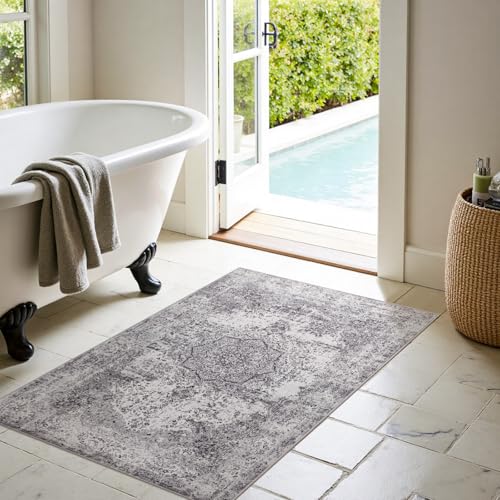 jinchan Area Rug 3x5 Washable Doormat Vintage Distressed Rug Door Mat Indoor Entrance Thin Traditional Gray Floral Lightweight Non Slip Carpet for Kitchen Bedroom Living Room Grey - color: Vintage Grey, size: 3' x 5' (Rectangular)