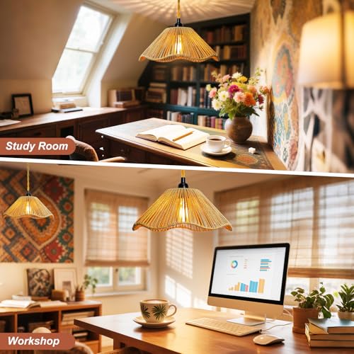 Hanging Lights with Plug in Cord Rattan Hanging Lamp Boho Ceiling Light Fixtures Farmhouse Pendant Lamp Shape for Living Room Bedroom Kitchen - size: 12.4 Inch-Umbrella Shade