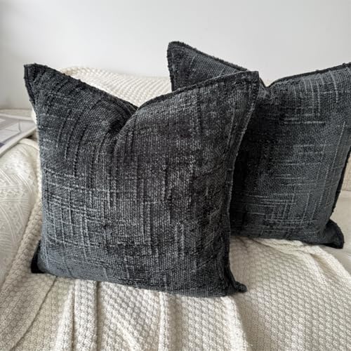 OYIMUA Black 18x18 Chenille Pillow Covers Set of 2 | Farmhouse Decorative Textured Pillow Cases for Living Room Couch & Bed | Soft Luxury Accent Throw Pillows with Elegant Design - color: Black, size: 18" x 18" (Pack of 2)