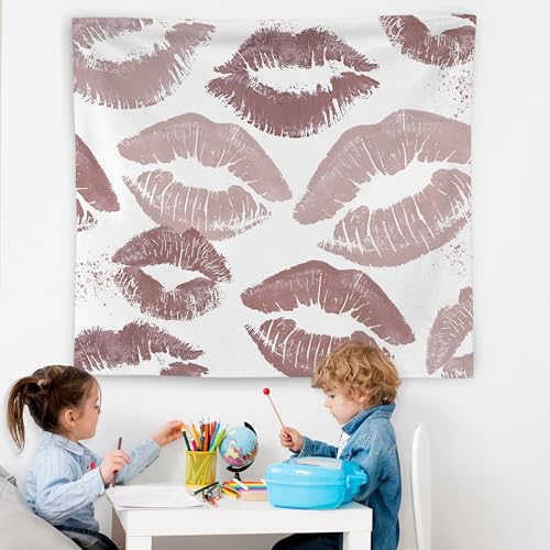 WNAGT Trendy Black and White Kiss Lips Tapestry Wall Hanging, Funky Makeup Wall Decor, Fashion Aesthetic Wall Blanket Decor for Girls Room College Dorm Makeup Room Beauty Room, 50x60 Inch - color: Light brown