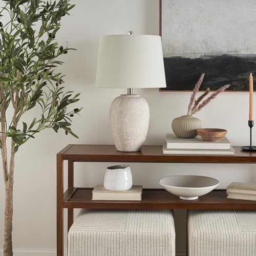 Nourison Home 23" Distressed Cream/Beige Rustic Ceramic Jar Table Lamp for Bedroom, Living Room, Dining Office, with Ivory Shade - color: Vintage Beige, size: 1 Lamp - Drum Shade