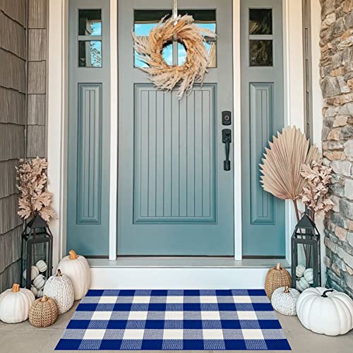 MUBIN Cotton Blue White Plaid Rug, 27.5''x 43'' Checked Outdoor Rug Front Door Decorative Mat, Hand-Woven Washable Reversible Foldable Rug for Front Porch, Entryway (43''L x 27.5''W, Blue White Plaid) - color: Blue White Plaid, size: 2'3" x 3'7" (Rectangu