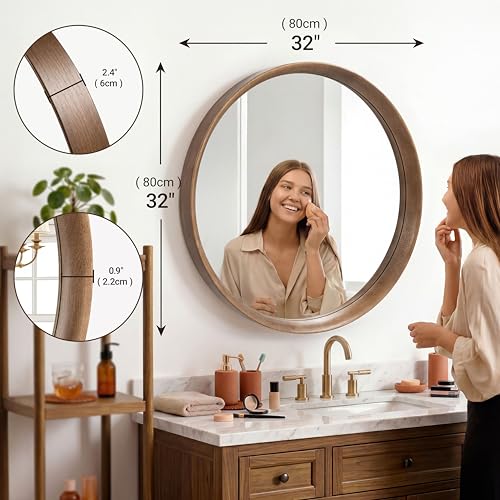 Brakki Round Wall Mirror with Wood Frame, 32 inch Circle Mirror for Bathroom Bedroom Entryway Vanity Living Room, HD Shatterproof Glass, Wall Mounted Decor, Hanging or Leaning, Walnut - size: 32"L x 32"W