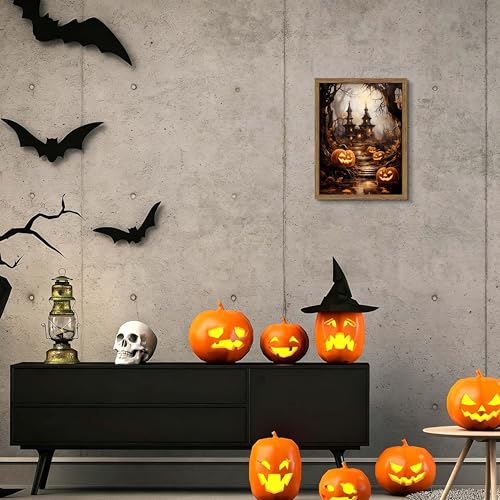 Framed Vintage Halloween Wall Art - Spooky Haunted House Canvas Print, Gothic Halloween Wall Decor, Fall Pumpkin Picture Painting for Living Room Bedroom Home, 12x16in Wood Frame - color: Magic Castle, size: 16"L x 12"W