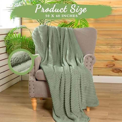 Buryeah 12 Pcs Flannel Throw Blanket Bulk 50 x 60 Inch Wedding Throw Blanket Soft Lightweight Winter Blankets with Striped Ribbed for Sofa Room Couch Donation Homeless Gifts (Sage Green) - color: Sage Green
