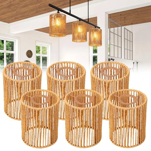 6 Pcs Paper Rope Lamp Shades, Rattan Lamp Shade, Boho Pendant Light Shade, Woven Lampshade with Metal Frame, 4.7 x 4.7 x 5.9 in, Creative Lighting for Home, Living Room, Bedroom