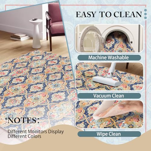 Boho Vintage Flower Washable Area Rug 5 x 7 Ft, Bohemia Retro Floral Soft Non Slip Large Rugs Indoor Home Decor, Entryway Floor Carpet Living Room Bedroom Kitchen Dining Room Decoration
