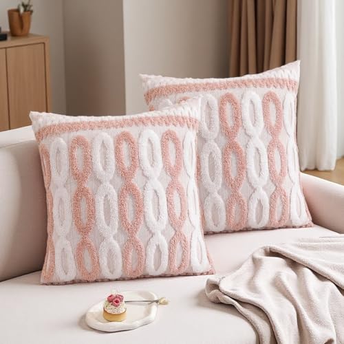 Plush Boho Decorative Throw Pillow Covers Set of 2 Faux Fur Geometric Tufted Pillow Covers Home Decor for Couch Modern Accent Neutral Living Room Pink - color: Pink
