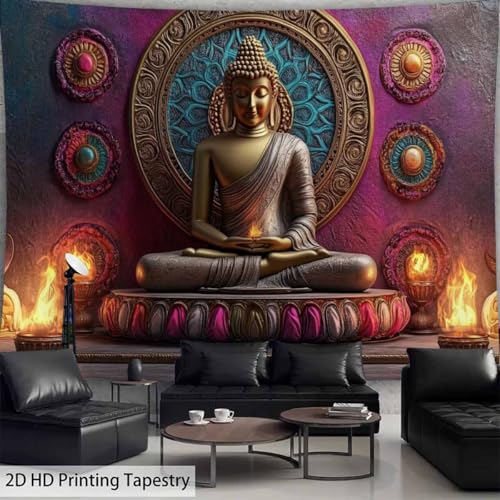 FENDROM Vintage Meditation Tapestry Gloden Buddha Zen Happiness Wall Hanging Large Tapestries Psychedelic Buddhist Poster Decorations Bedroom Living Room Dorm - color: Red, size: 59"L x 51"W