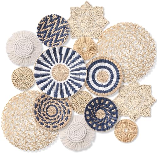 15 Pcs Boho Wall Basket Decor Woven Rattan Seagrass Wall Decor Hanging Rustic Farmhouse Western Art Decoration for Nursery Living Room Bedroom Home Kitchen(Blue Style) - style: Blue Style