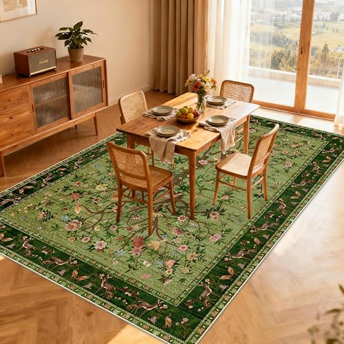 Green Area Rugs 5x7, Machine Washable Non-Slip Rug, Boho Floral Botanical Soft Low Pile Throw Rugs for Living Room, Bedroom, Dining Room, Office - color: Green, size: 7' x 5' (Rectangular)